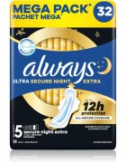 Always Ultra Secure Night Extra Size 5 санитарни кърпи за нощ 32 бр.