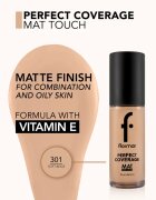 flormar Perfect Coverage Mat Touch Foundation матиращ фон дьо тен за комбинирана към мазна кожа цвят 301 Soft Beige 30 мл.