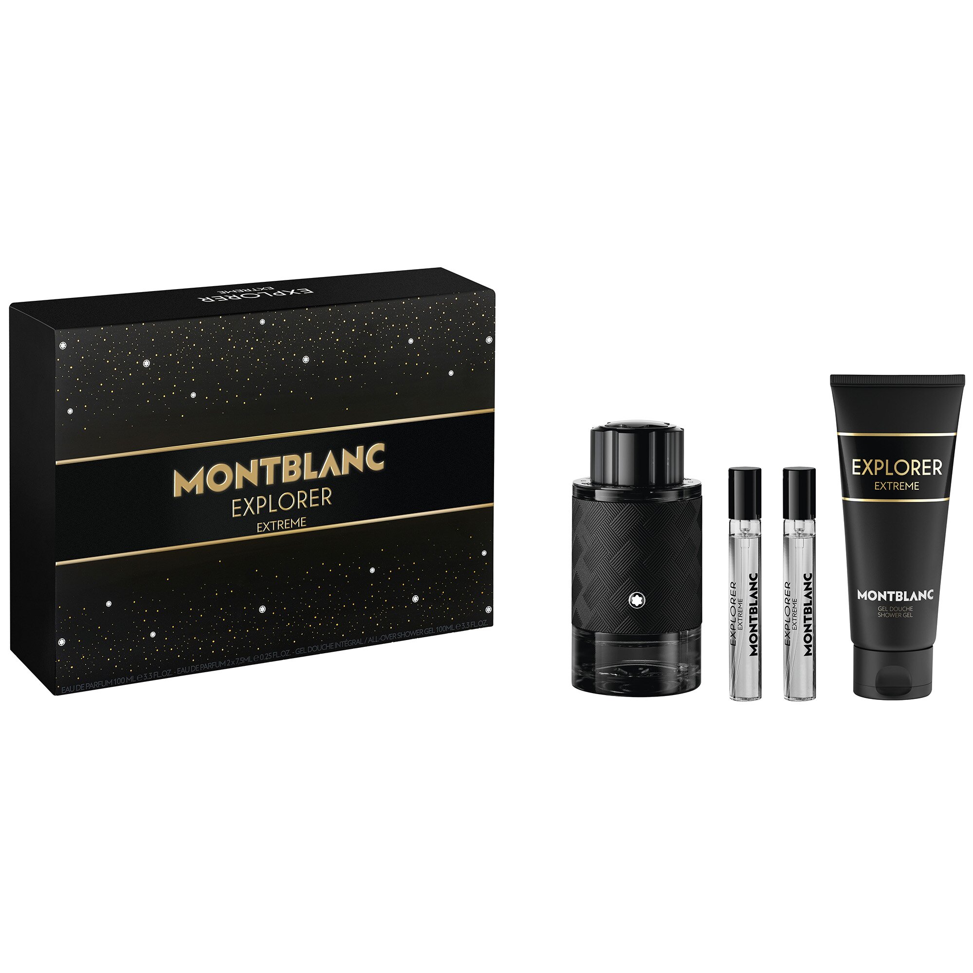 Montblanc КОМПЛЕКТ Explorer Extreme Parfum + Travel Spray Parfum X2 + Shower Gel