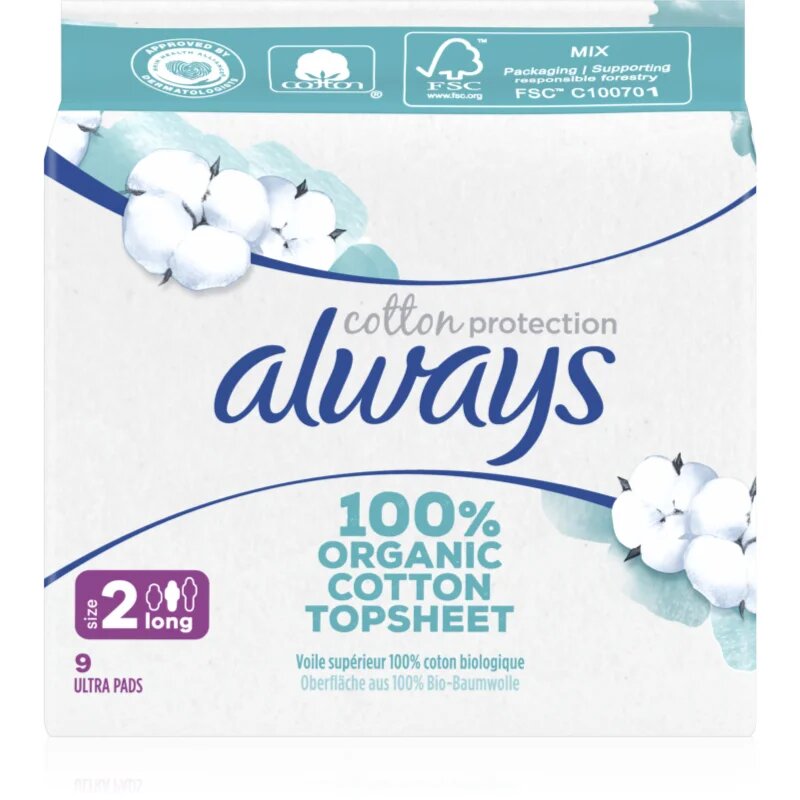 Always Cotton Protection Long санитарни кърпи без парфюм 9 бр.