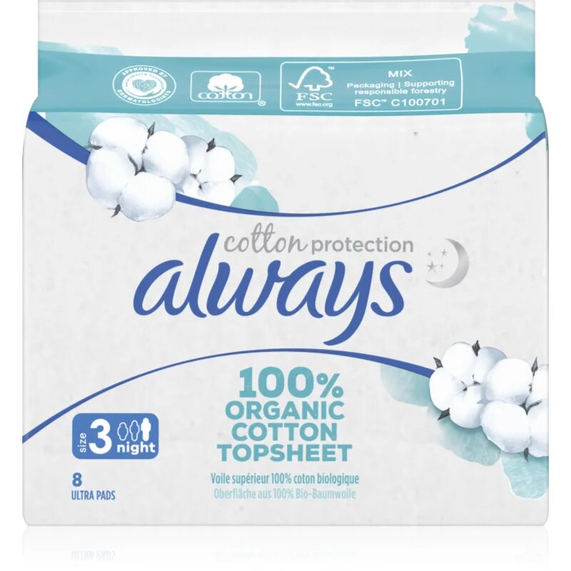 Always Cotton Protection Night санитарни кърпи без парфюм 8 бр.