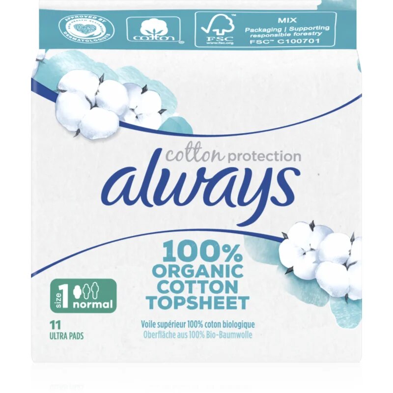 Always Cotton Protection Normal санитарни кърпи без парфюм 11 бр.