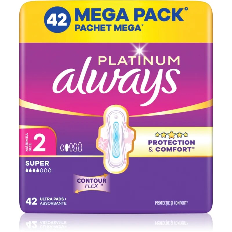 Always Platinum Super Size 2 санитарни кърпи с крилца 42 бр.