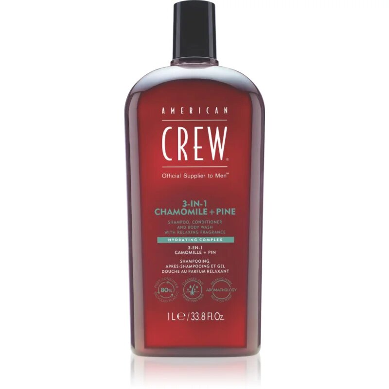 American Crew 3 in 1 Chamimile + Pine 3 в 1 шампоан балсам и душ гел за мъже 1000 мл.