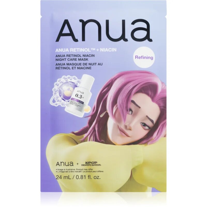 Anua K-Pop Demon Hunters Retinol Niacin Night Care Mask нощна маска за възстановяване на кожата за бръчки 24 мл.