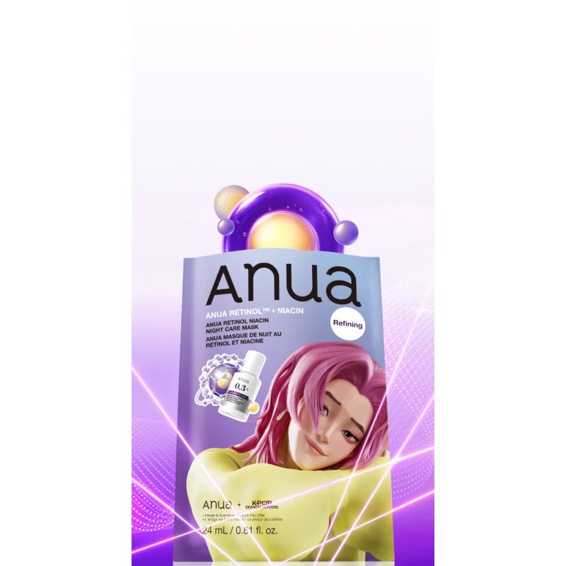Anua K-Pop Demon Hunters Retinol Niacin Night Care Mask нощна маска за възстановяване на кожата за бръчки 24 мл.