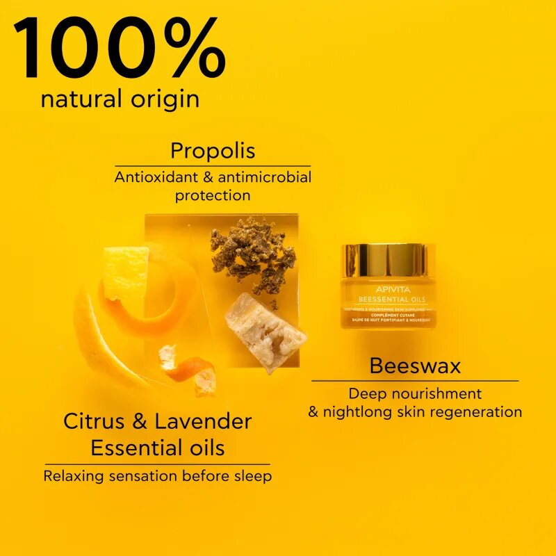 Apivita Beessential Oils Strengthening & Nourishing Night Balm нощен балсам за лице за подхранване и хидратация 15 мл.