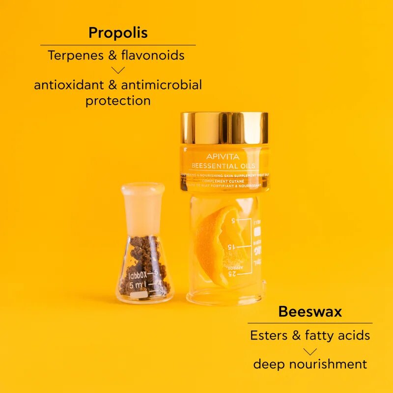 Apivita Beessential Oils Strengthening & Nourishing Night Balm нощен балсам за лице за подхранване и хидратация 15 мл.