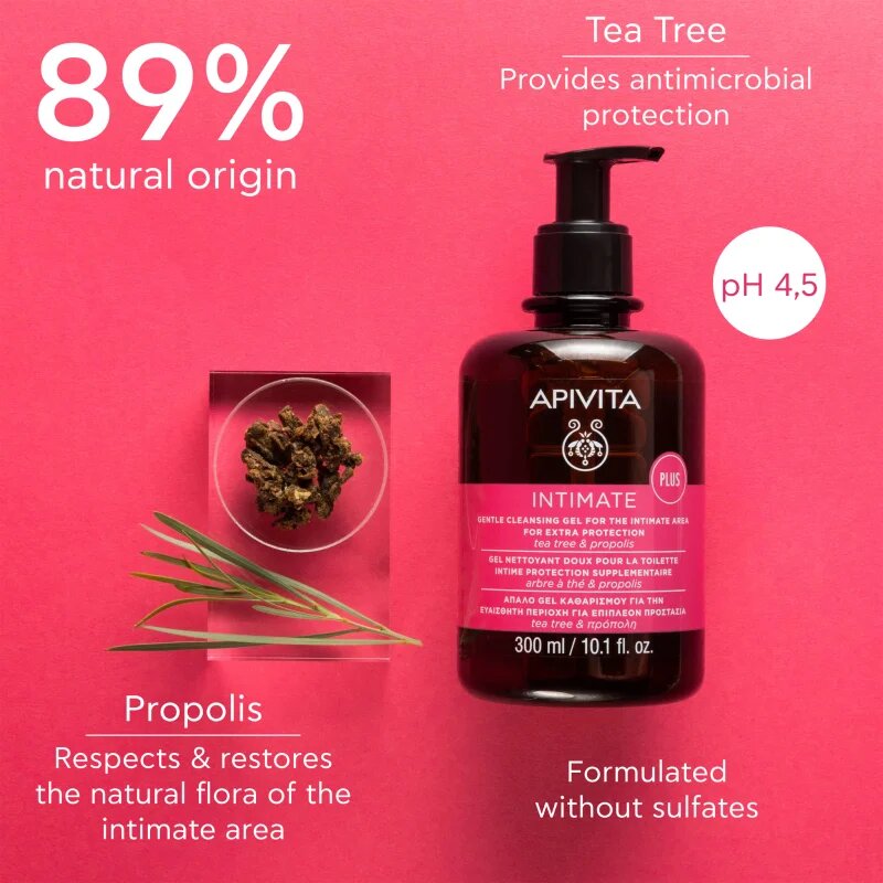 Apivita Intimate Plus Cleansing Gel нежен пенлив почистващ гел за интимна хигиена 300 мл.