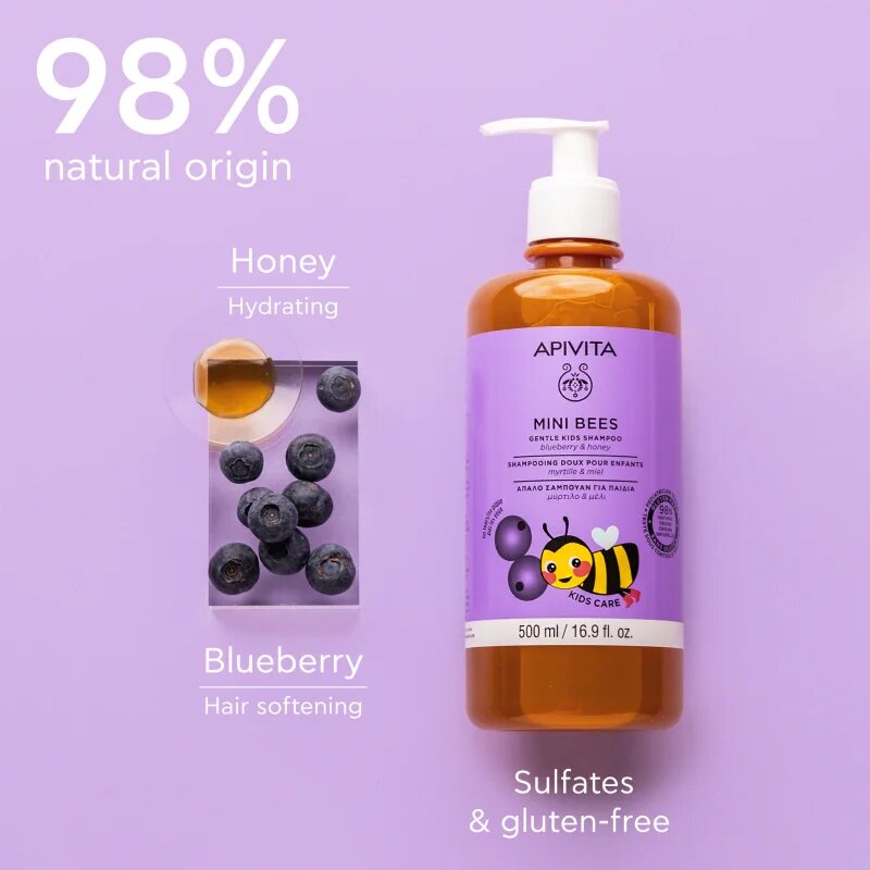 Apivita Mini Bees Gentle Kids Shampoo Blueberry & Honey шампоан за тънка коса за деца 500 мл.
