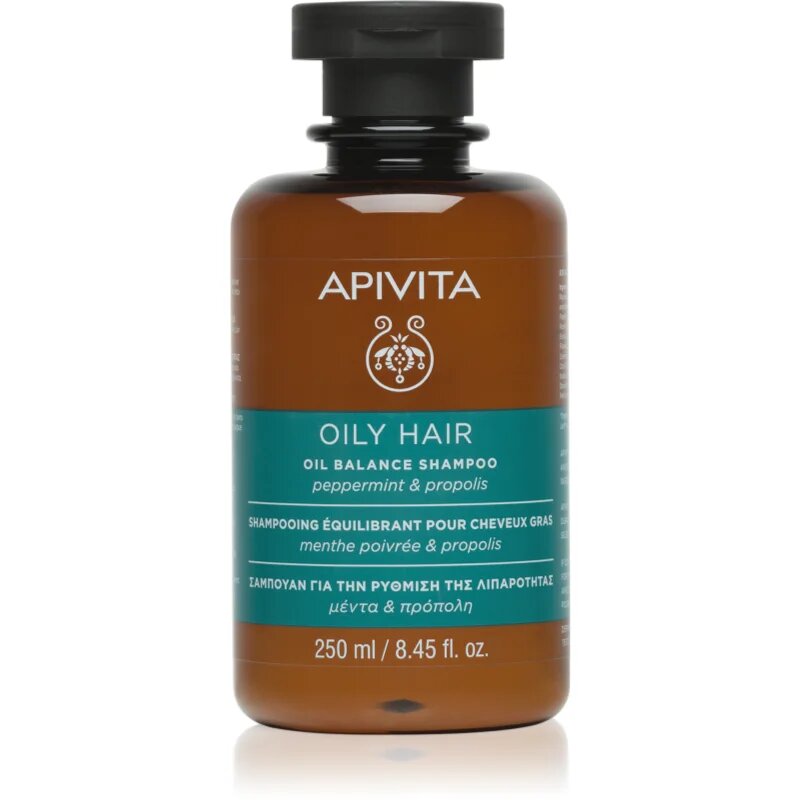 Apivita Oily Hair Oil Balance Shampoo дълбоко почистващ шампоан за мазен скалп за подсилване и блясък на косата 250 мл.
