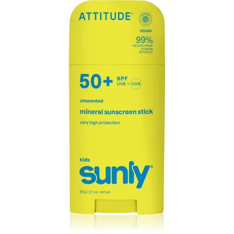 Attitude Sunly Kids Mineral Sunscreen Stick SPF 50+ минерален защитен крем за лице и тяло в стик за деца 60 гр.