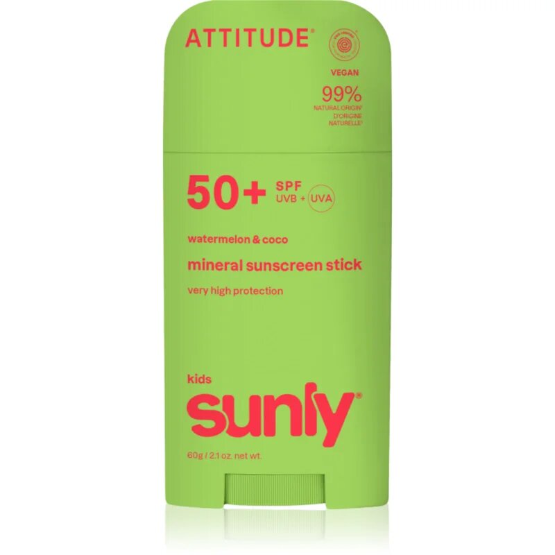 Attitude Sunly Kids Watermelon & Coco минерален защитен крем за лице и тяло в стик SPF 50+ 60 гр.