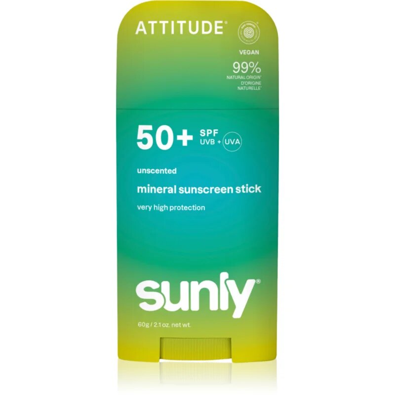 Attitude Sunly Mineral Sunscreen Stick SPF 50+ минерален защитен крем за лице и тяло в стик без парфюм 60 гр.