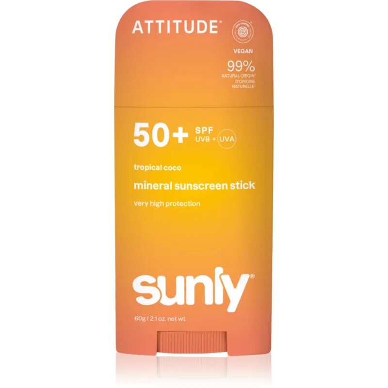 Attitude Sunly Tropical Coco минерален защитен крем за лице и тяло в стик SPF 50+ 60 гр.