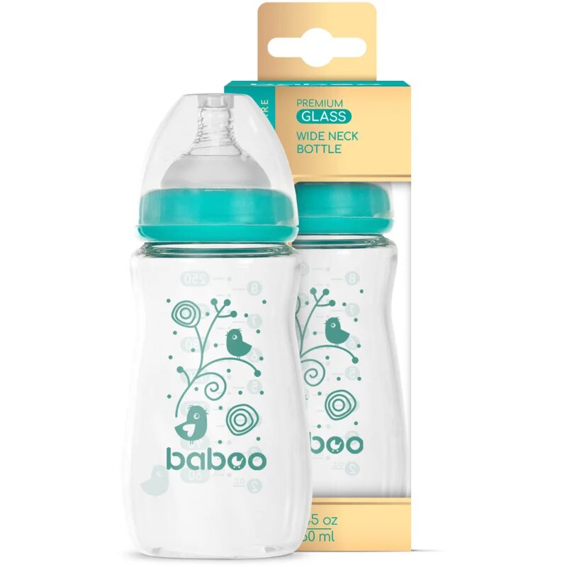 Baboo Anti-colic Glass Feeding Bottle Wide Neck стъклено бебешко шише 3m+ 1 бр.