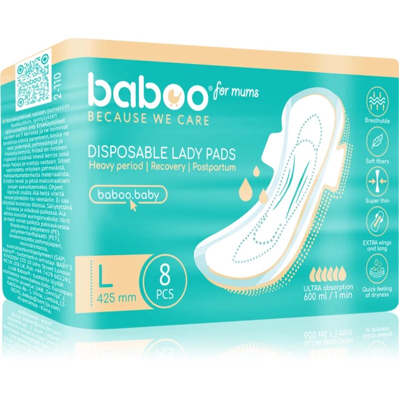 Baboo Postpartum Maternity Pads дамски превръзки за след раждане еднократни размер L 8 бр.