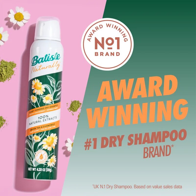 Batiste Naturally Green tea & Chamomile сух шампоан за абсорбиране на излишния себум а освежаване на косата 200 мл.