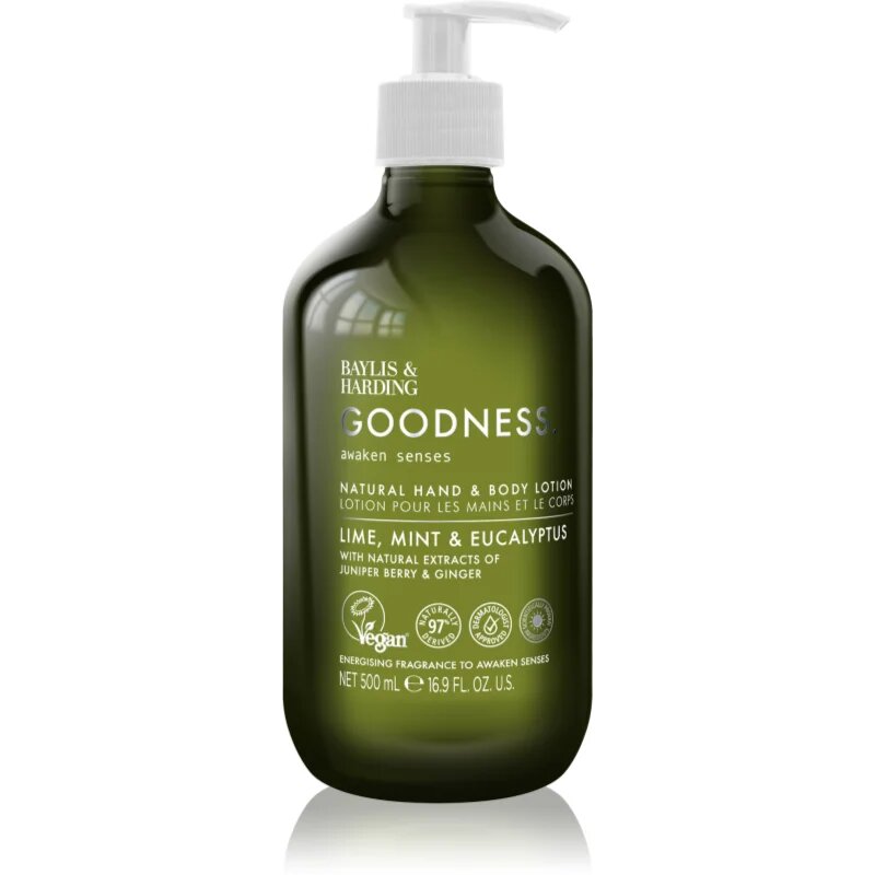 Baylis & Harding Goodness Awaken Senses мляко за ръце и тяло с освежаващ ефект аромати Lime Mint & Eucalyptus 500 мл.