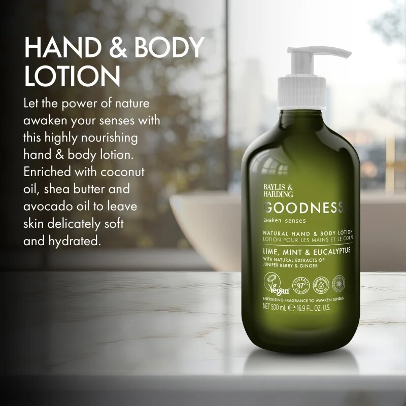 Baylis & Harding Goodness Awaken Senses мляко за ръце и тяло с освежаващ ефект аромати Lime Mint & Eucalyptus 500 мл.