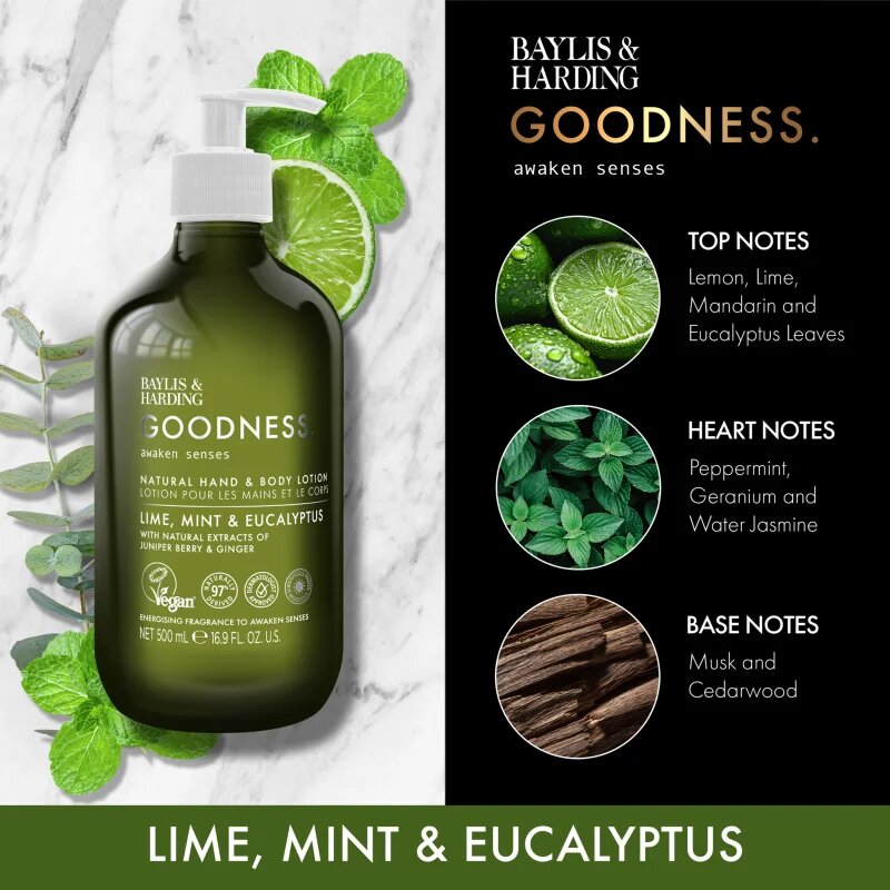 Baylis & Harding Goodness Awaken Senses мляко за ръце и тяло с освежаващ ефект аромати Lime Mint & Eucalyptus 500 мл.
