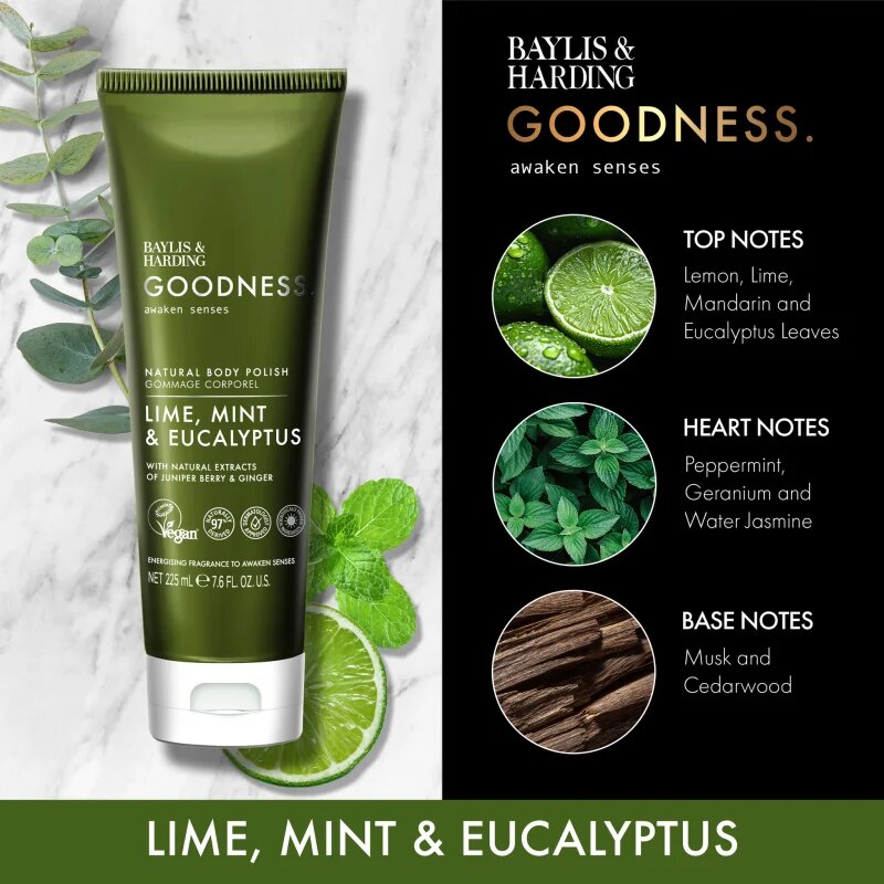Baylis & Harding Goodness Awaken Senses освежаващ пилинг за тяло аромати Lime Mint & Eucalyptus 225 мл.