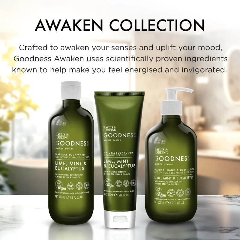Baylis & Harding Goodness Awaken Senses освежаващ пилинг за тяло аромати Lime Mint & Eucalyptus 225 мл.