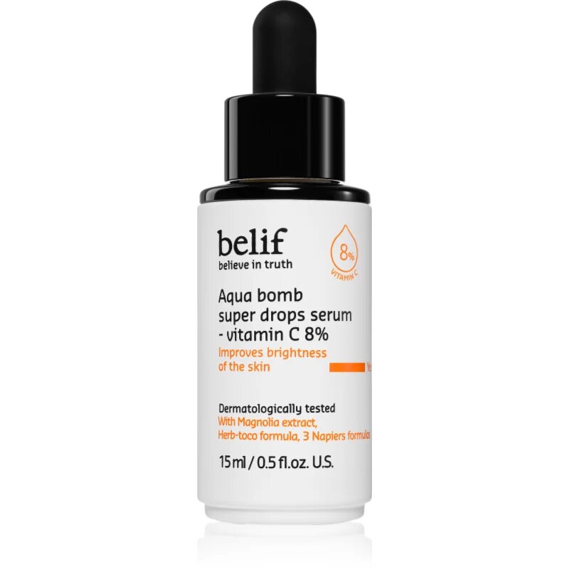 belif Aqua Bomb Super Drops Serum Vitamin C 8% озаряващ серум с витамин С с анти-бръчков ефект 15 мл.