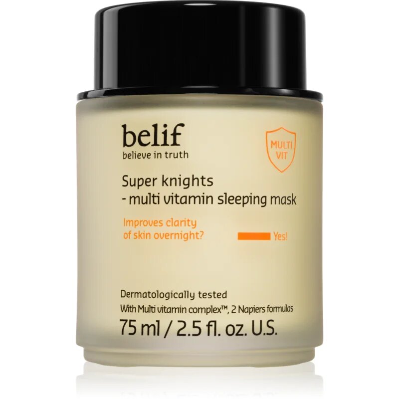 belif Super Knights Multi Vitamin Mask интензивна нощна маска за бърза регенерация на суха и дехидратирана кожа за всички типове кожа на лицето 75 мл.