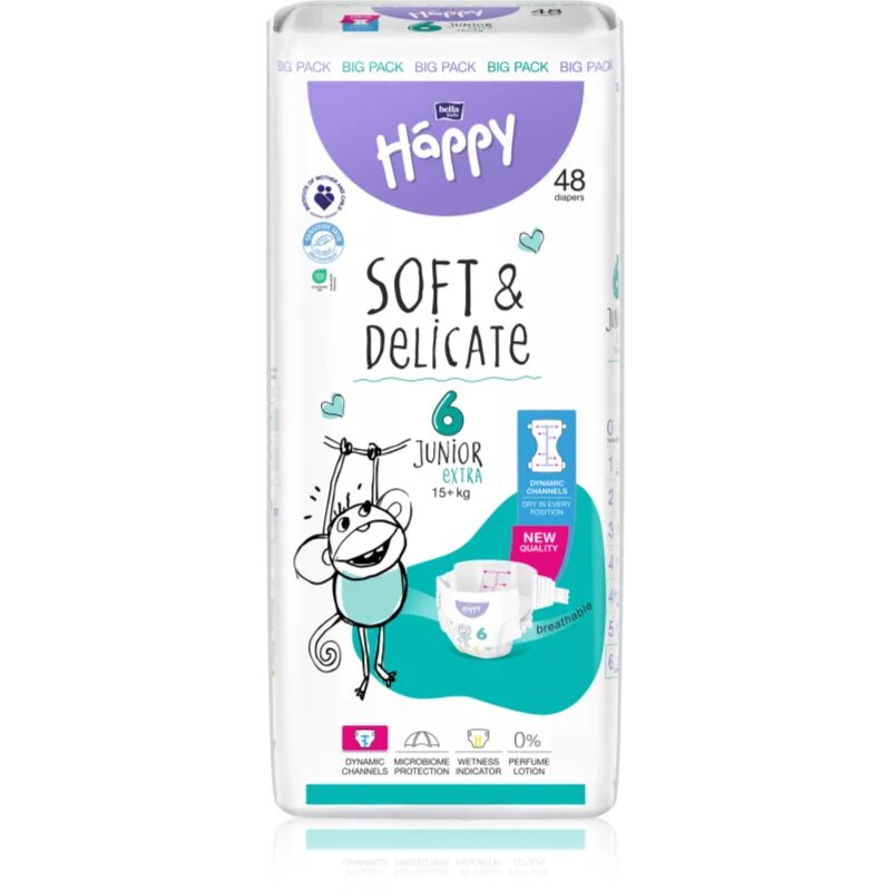 BELLA Baby Happy Soft&Delicate еднократни пелени с каналчета Junior Extra 15+ kg 48 бр.