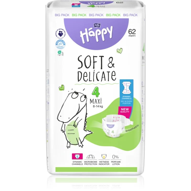 BELLA Baby Happy Soft&Delicate еднократни пелени с каналчета Maxi 8-14 kg 62 бр.