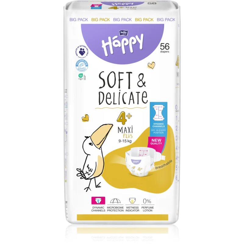 BELLA Baby Happy Soft&Delicate еднократни пелени с каналчета Maxi Plus 9-15 kg 56 бр.