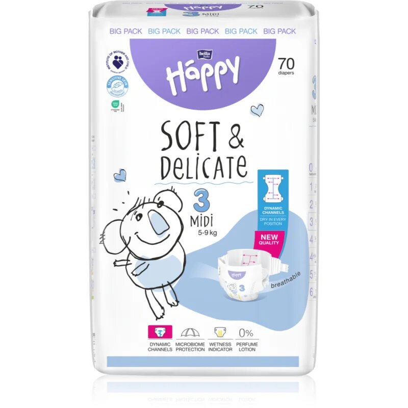BELLA Baby Happy Soft&Delicate еднократни пелени с каналчета Midi 5-9 kg 70 бр.
