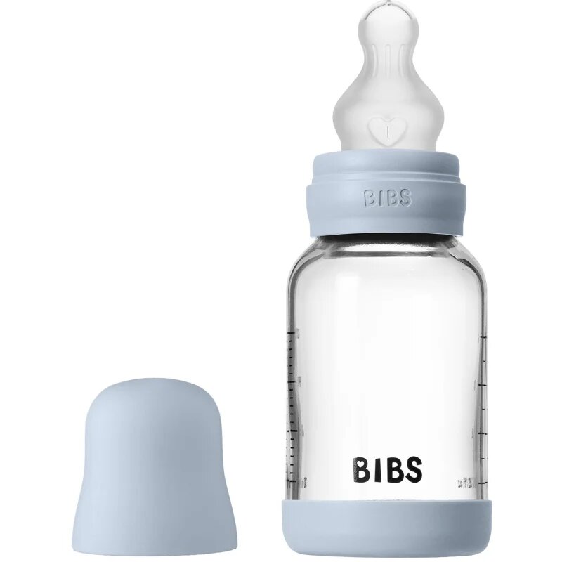 BIBS Baby Glass Bottle Silicone шише против колики със силиконова приставка за пиене Baby Blue 1 бр.