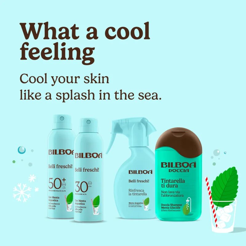 Bilboa Belli Freschi слънцезащитен спрей с мента пиперита SPF 30 150 мл.