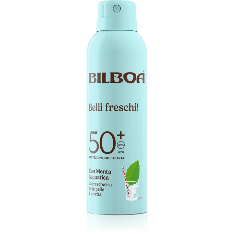 Bilboa Belli Freschi слънцезащитен спрей с мента пиперита SPF 50+ 150 мл.