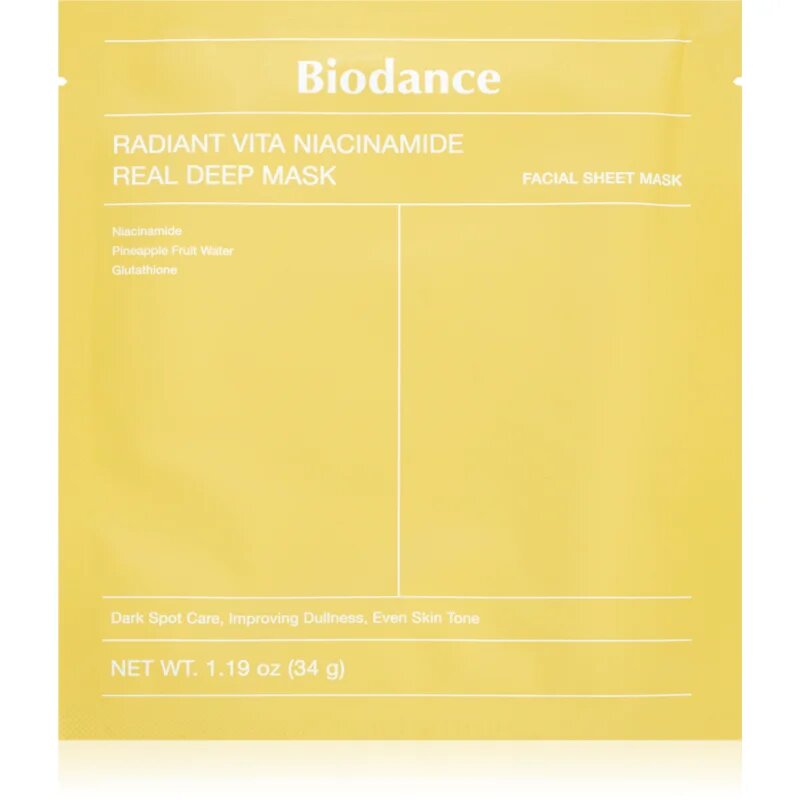 Biodance Radiant Vita Niacinamide Real Deep Mask озаряваща маска за лице да уеднакви цвета на кожата 1 бр.