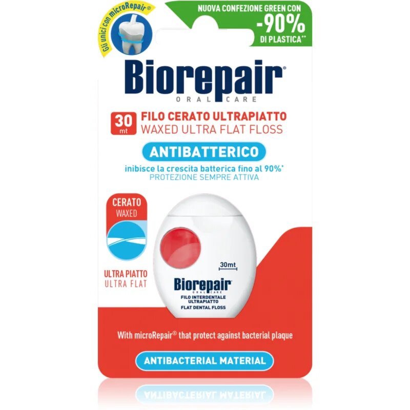 Biorepair Dental Floss Waxed Ultra Flat восъчен конец за зъби за чувствителни зъби Red 30 м