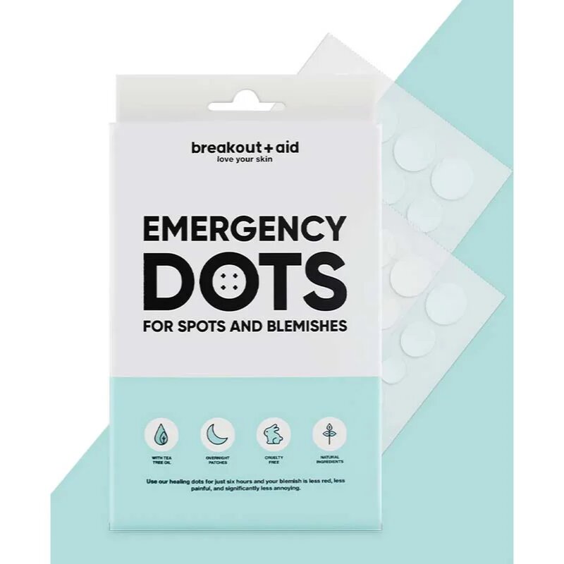 breakout + aid Emergency Dots For Spots and Blemishes локална грижа против акне на лицето деколтето и гърба с Tea Tree oil 72 бр.