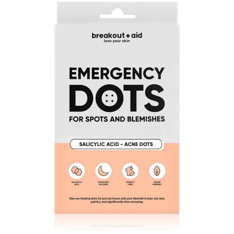 breakout + aid Emergency Dots For Spots and Blemishes локална грижа против акне на лицето деколтето и гърба със салицилова киселина 72 бр.