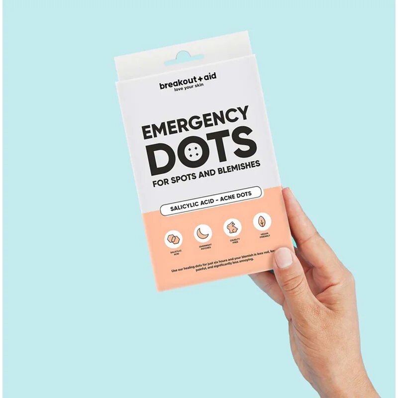 breakout + aid Emergency Dots For Spots and Blemishes локална грижа против акне на лицето деколтето и гърба със салицилова киселина 72 бр.