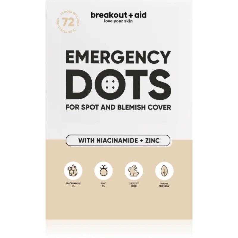 breakout + aid Emergency Dots For Spots and Blemishes локална грижа против акне с ниацинамид и цинк 72 бр.
