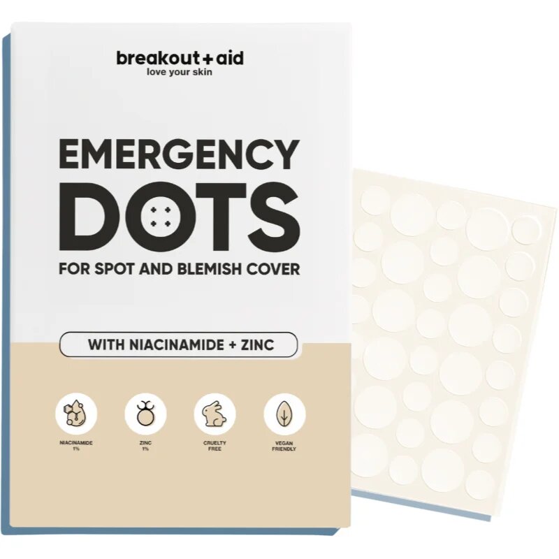 breakout + aid Emergency Dots For Spots and Blemishes локална грижа против акне с ниацинамид и цинк 72 бр.