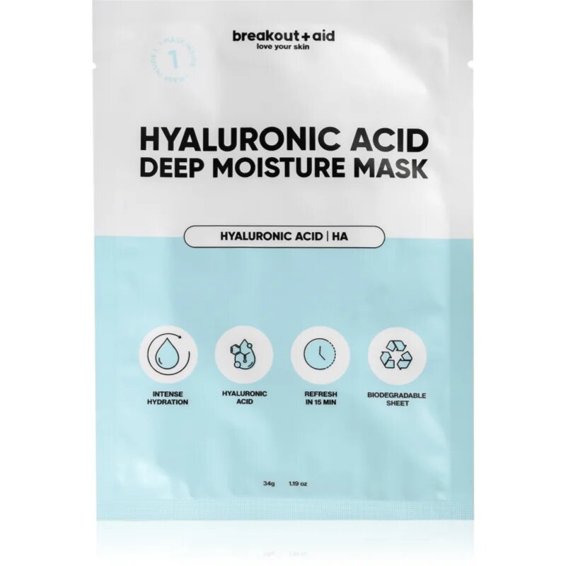 breakout + aid Hyaluronic Acid Deep Moisture Mask хидратираща платнена маска с хиалуронова киселина 34 гр.