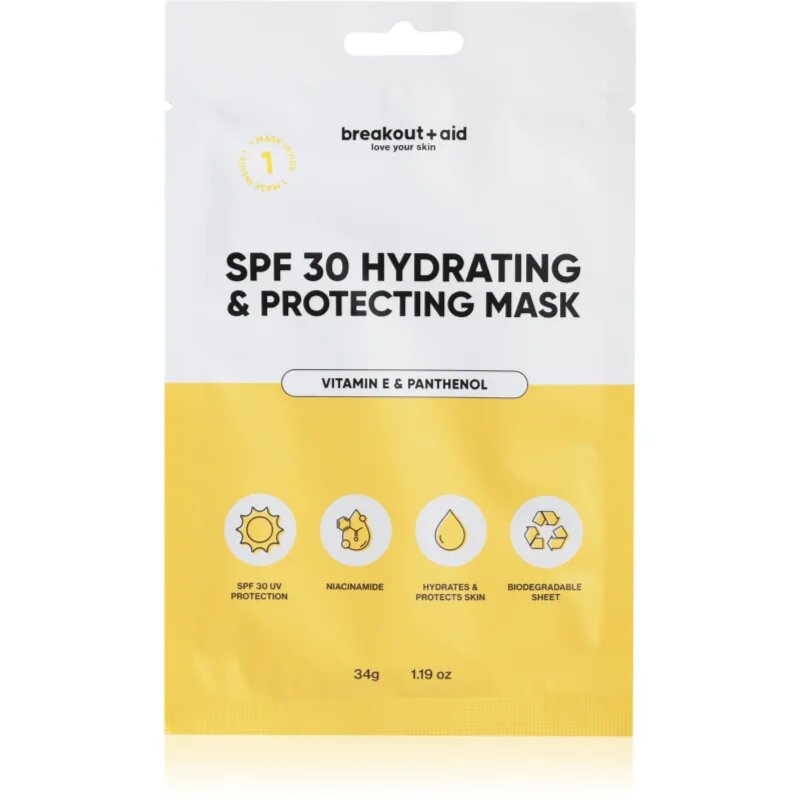 breakout + aid SPF 30 Hydrating & Protecting Mask хидратираща платнена маска с витамин Е 34 гр.