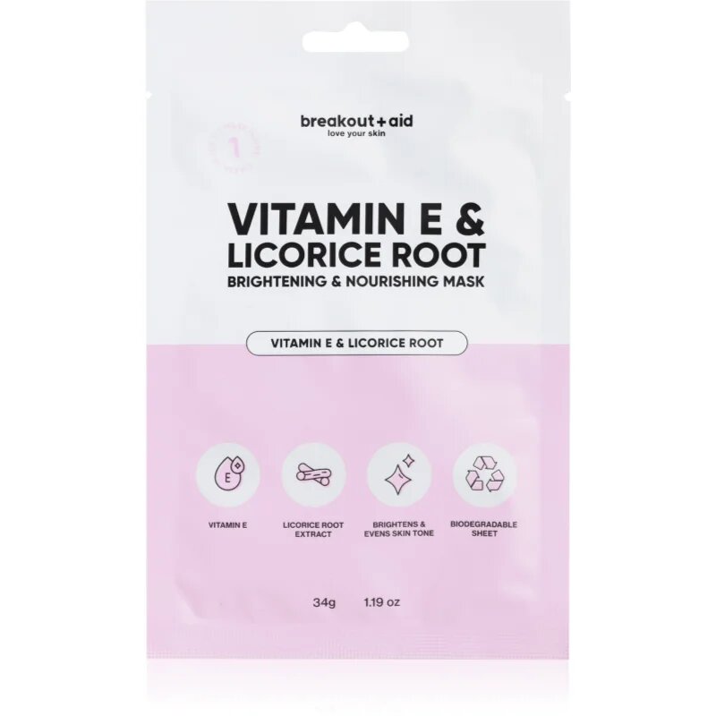breakout + aid Vitamin E & Licorice Root озаряваща платнена маска с витамин Е 34 бр.