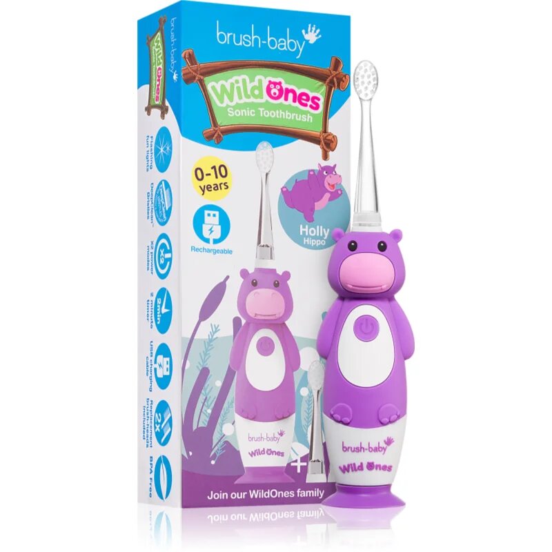 Brush Baby WildOnes WildOne електрическа четка за зъби + 2 резервни глави за деца Hippo 1 бр.