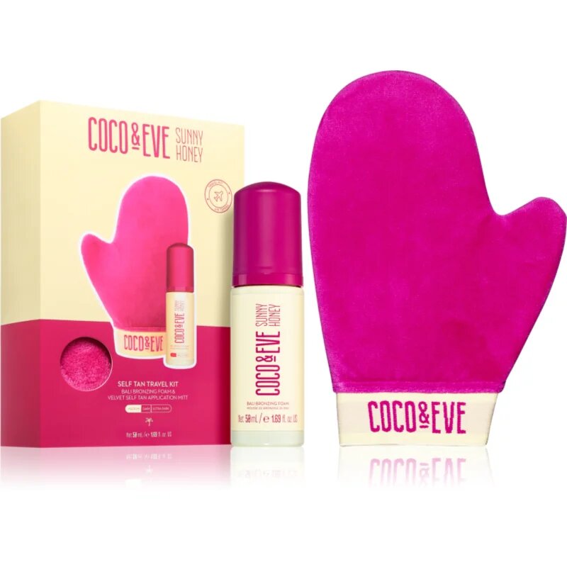 Coco & Eve Sunny Honey Ultimate Glow Travel Kit автобронзираща пяна с ръкавица за нанасяне малка опаковка Medium 60 мл.