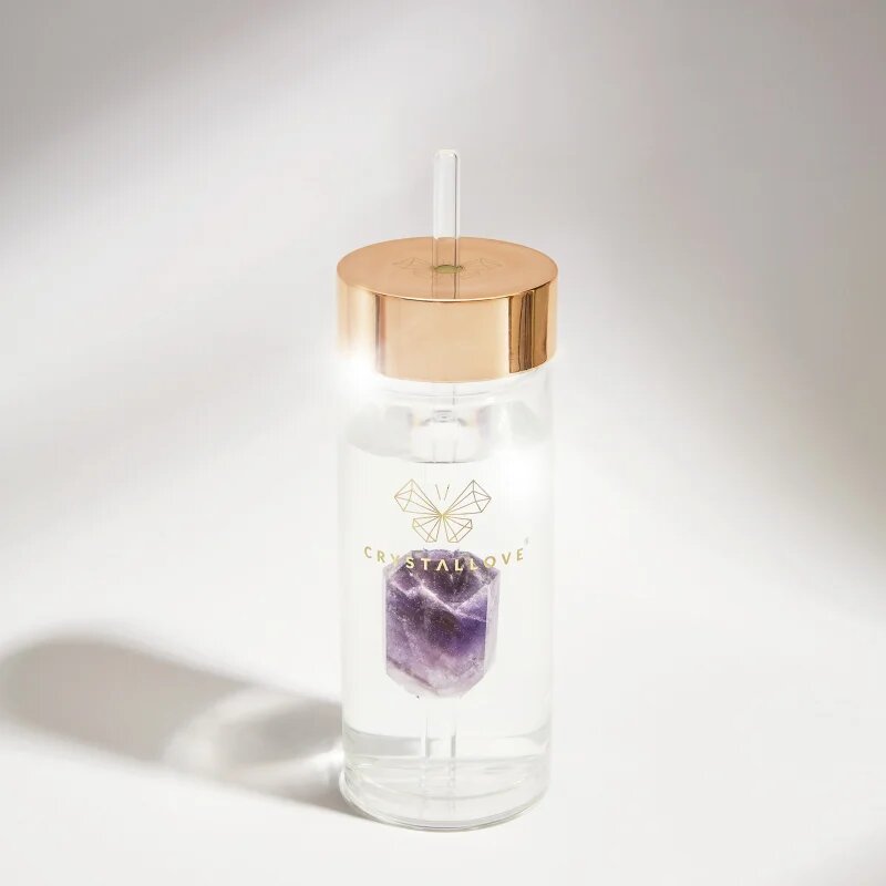 Crystallove Amethyst Straw Water Bottle стъклена бутилка за вода със сламка 1 бр.