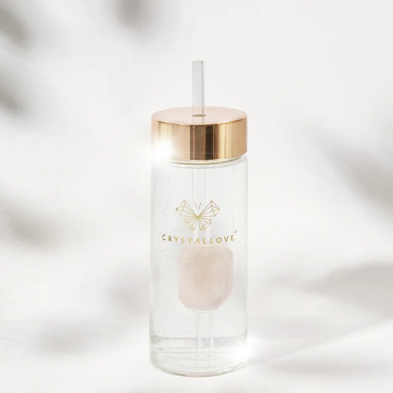 Crystallove Amethyst Straw Water Bottle стъклена бутилка за вода със сламка Rose 1 бр.
